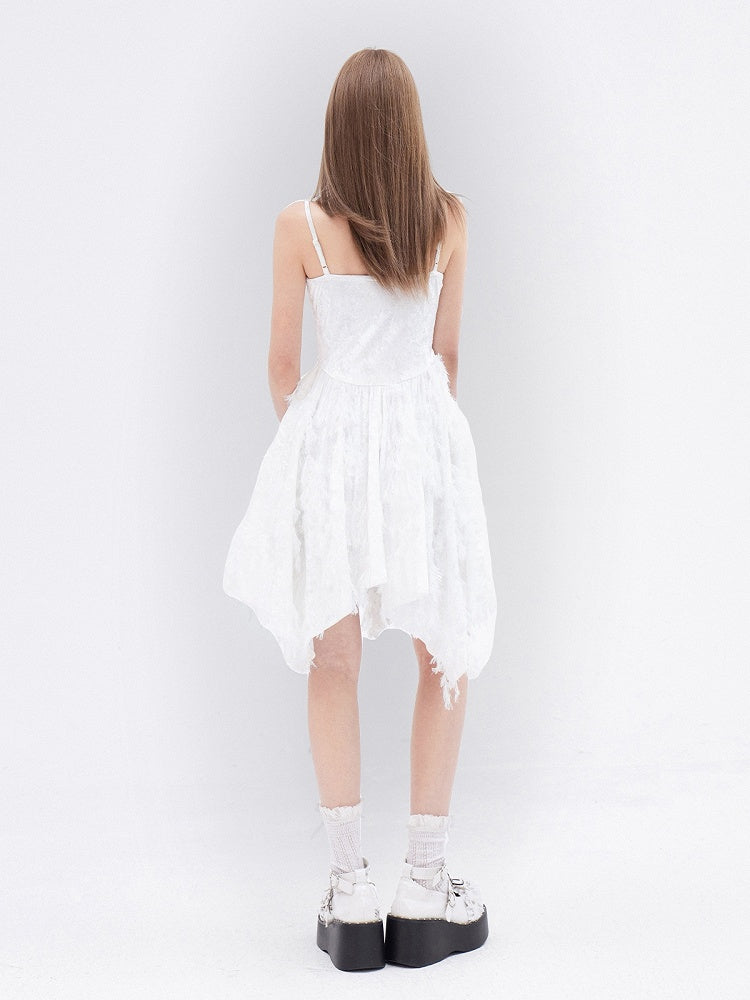 White Fringe Handkerchief Hem Cami Dress