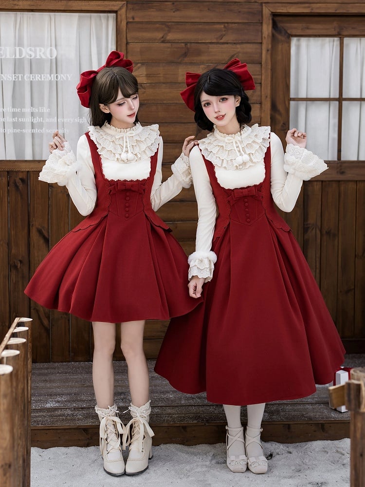 + JSK Bow New Version Red Year Long Beige Top Hairclip Bust Lolita Under Knit
