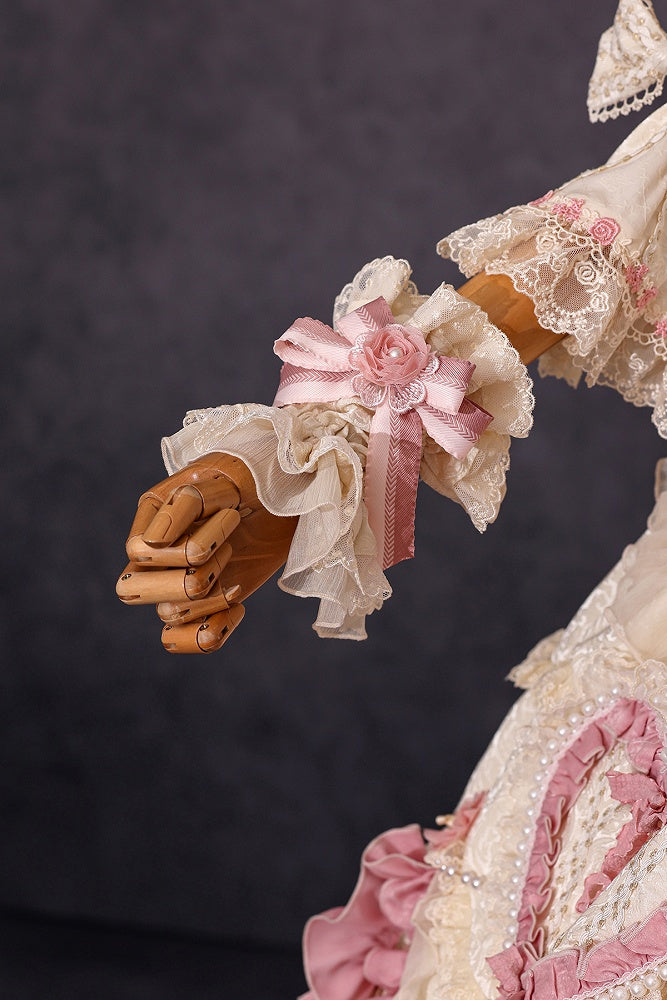 Beige Hanayome Rosette Stickerei Blumen und Perlenkette Lolita OP Komplettset