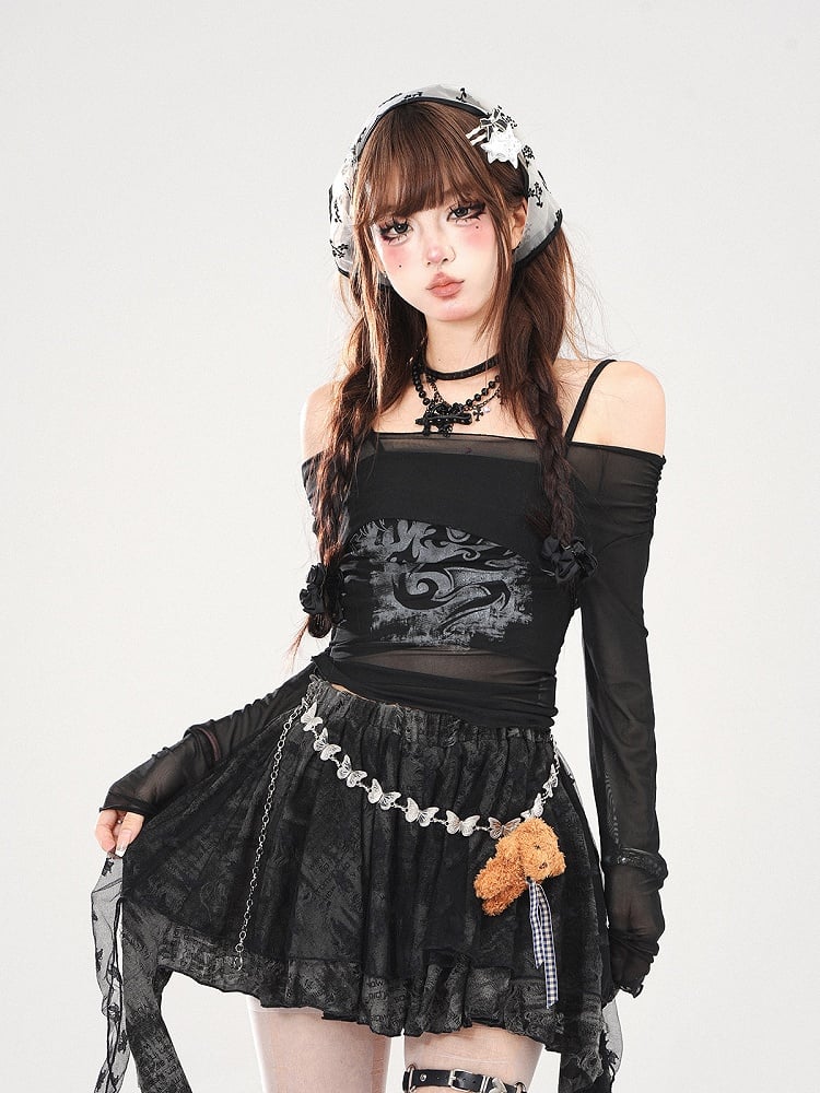 Sheer Off-Shoulder Black Top Two-Piece Set