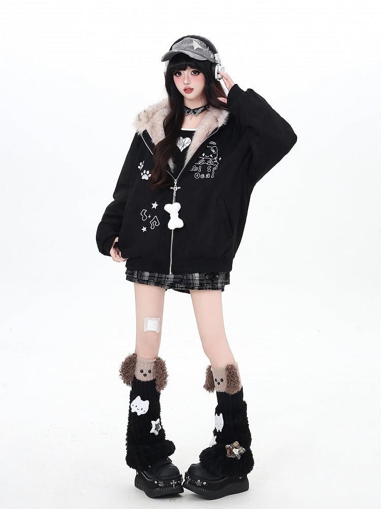 Cozy Suede Cat-Ear Hooded Coat with Plush Lining and Embroidered Cat Details Black/Apricot