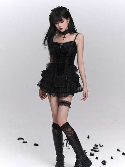 mit Spitzenrock Stufenrock Gothic Puff Mini Muster Kreuz Schwarz