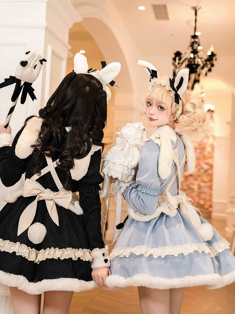 Black Long Sleeves Plush Collar and Cuffs Sweet Lolita OP Full Set