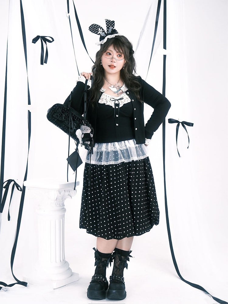 White Below-Knee Zipper with Side Plus Dots Skirt Black Size Polka