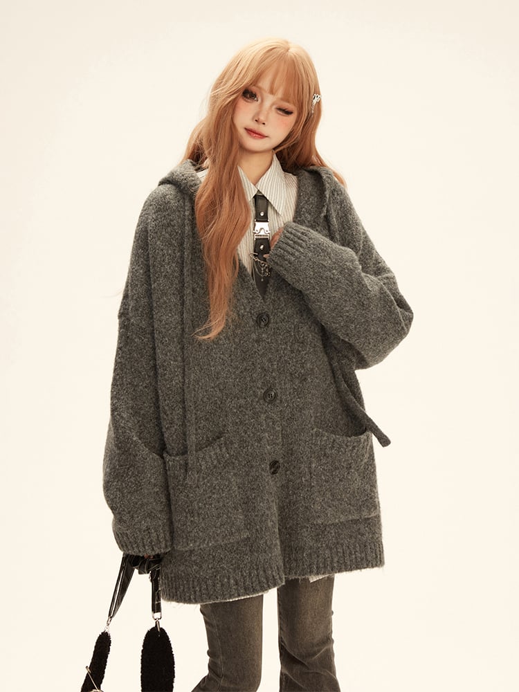 V-Neck Square Knit Deep Mid-Length Gray with Pockets Hooded Cardigan