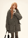 V-Neck Square Knit Deep Mid-Length Gray with Pockets Hooded Cardigan