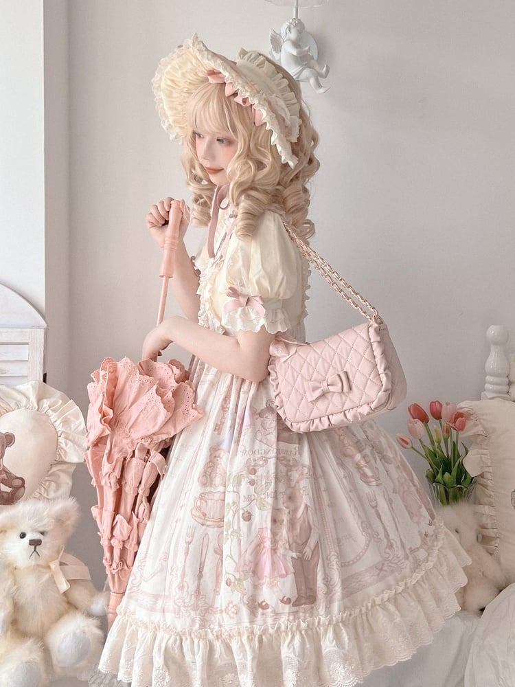 Light Pink Crossbody Lolita Bag with Diamond Pattern and Bows - Seraphim