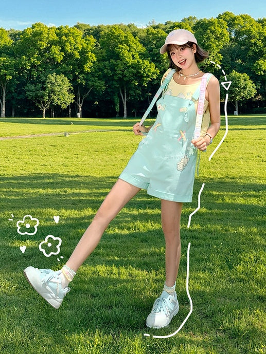 Shorts Overall Mint Green Cartoon Puppy Embroidery Straight-leg Cut