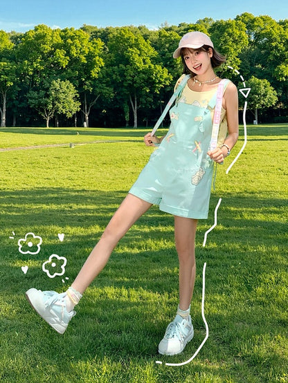 Shorts Overall Mint Green Cartoon Puppy Embroidery Straight-leg Cut
