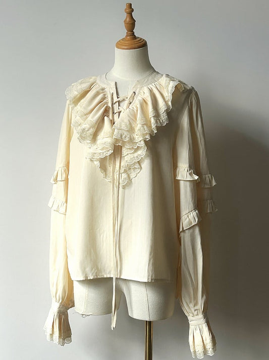 with Blouse Sleeves Long Ruffled Yellow Lace-Up Light Front