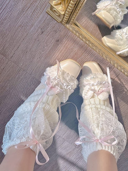 Details with Y2K Creamy Leg Warmers Accents Bow Bittersweet Knitted Lace White/Pink