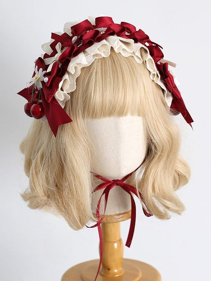 Clips Hairband Daisy Lolita Sweet Cherry Decorated Details Ruffled Bowknot And BeigeRed With