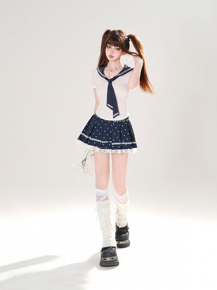+ Tシャツセット プリーツセーラー 水玉模様 取り外し可能なブルースカート ネイビー アプリコット スリムフィットカラー