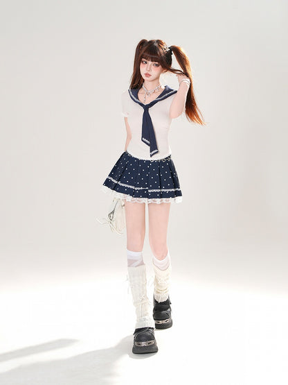 + Tシャツセット プリーツセーラー 水玉模様 取り外し可能なブルースカート ネイビー アプリコット スリムフィットカラー