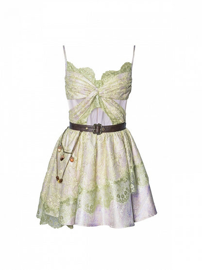 Fairycore Green Purple Butterfly Lace Sleeveless Dress Brown Belt - Virtual Orbit