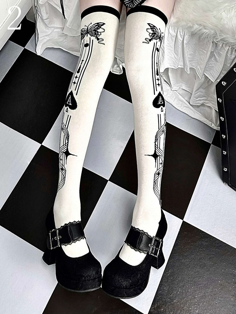 Cross Spades Poker/Ace Black Print Stockings Over-knee of Butterfly