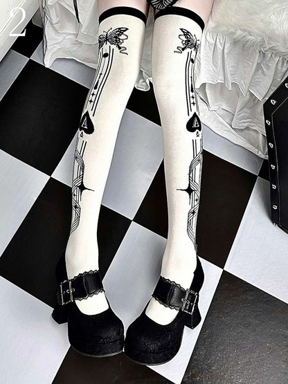 Cross Spades Poker/Ace Black Print Stockings Over-knee of Butterfly