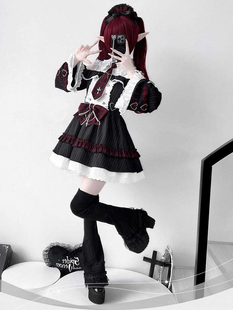 Kleid Bell Plaid Tie Idol und Schulterausschnitt Lolita Schwarz Bowknot Streifen Rot mit Ärmeln