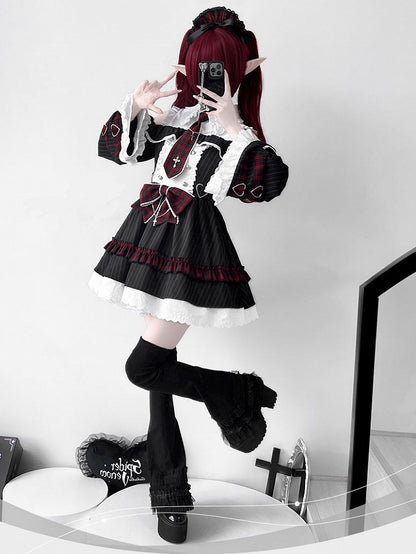 Kleid Bell Plaid Tie Idol und Schulterausschnitt Lolita Schwarz Bowknot Streifen Rot mit Ärmeln