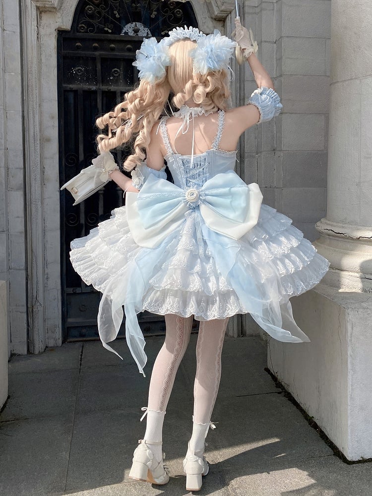 Princess Neck Hem Ruffle Halter Balletcore Lolita Layered Dress Blue with