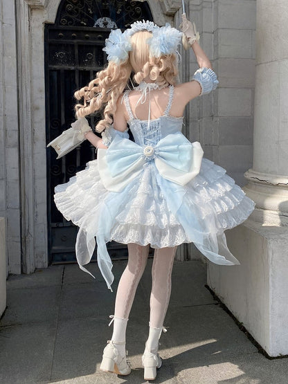 Princess Neck Hem Ruffle Halter Balletcore Lolita Layered Dress Blue with
