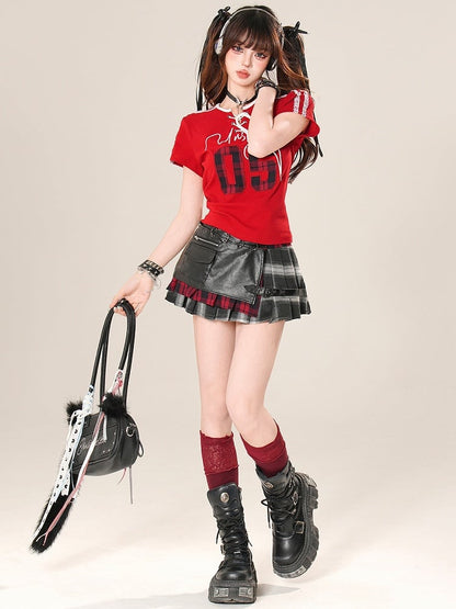 アップリケTシャツ コア チェック柄 レッドディテール レースアップ パターントリム ブロケット レースナンバー