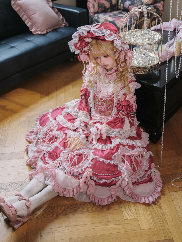 Hanayome Details Bead Embroidery Chain and Rosette Dress Rose Floral Lolita Pink
