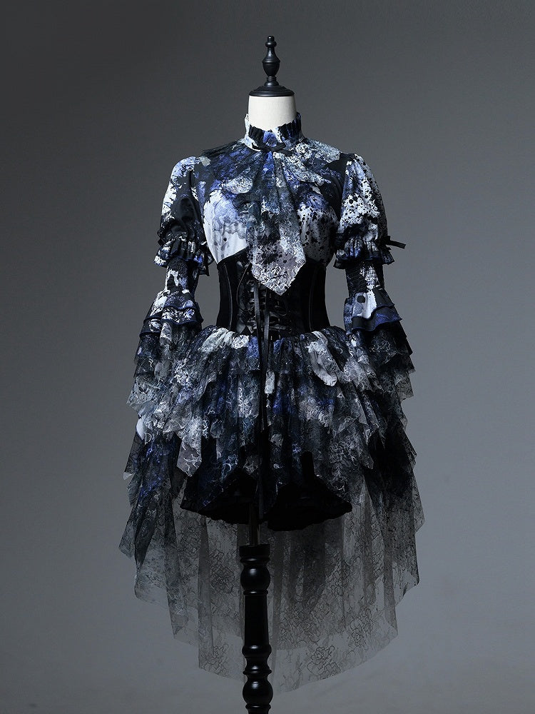 Lolita Bloodstain with Print Train Blue Boned Corset Black Lace Gothic Belt