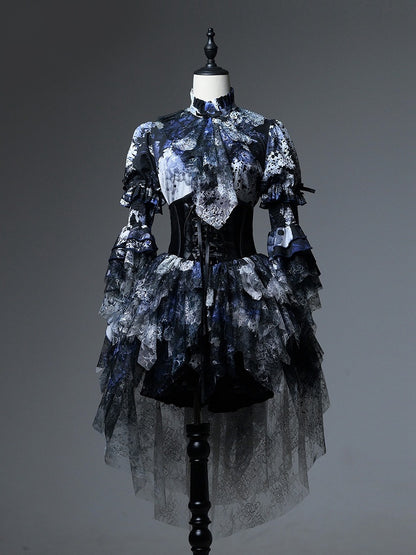 Lolita Bloodstain with Print Train Blue Boned Corset Black Lace Gothic Belt