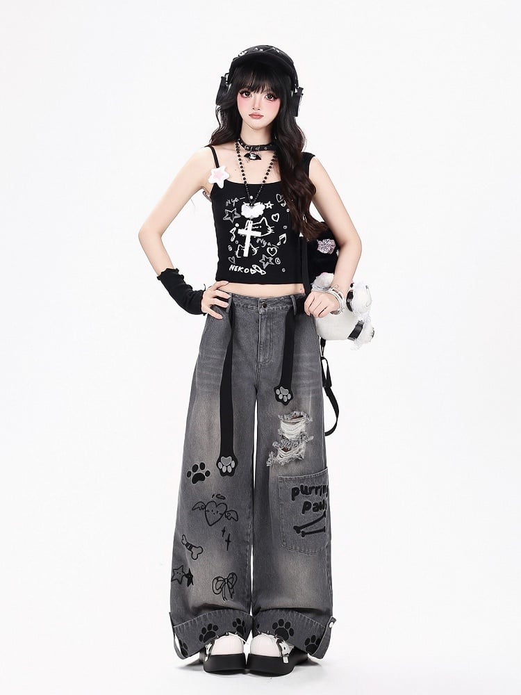 Distressed Straight-Leg Jeans with Embroidery - CRAZY GIRL