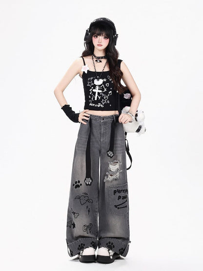 Distressed Straight-Leg Jeans with Embroidery - CRAZY GIRL