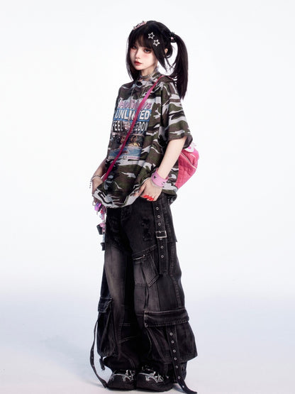 Jeans Rise Faded Wash Distressed Holes Weites Bein Cargo Schwarz Niedrig