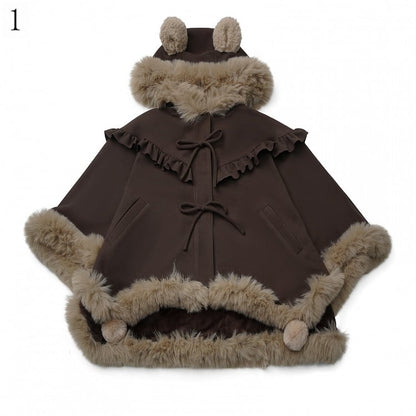 Pompon with Brown - Bear Plush Hooded Ear Accents Cape Hood Ruffle Trim Edging