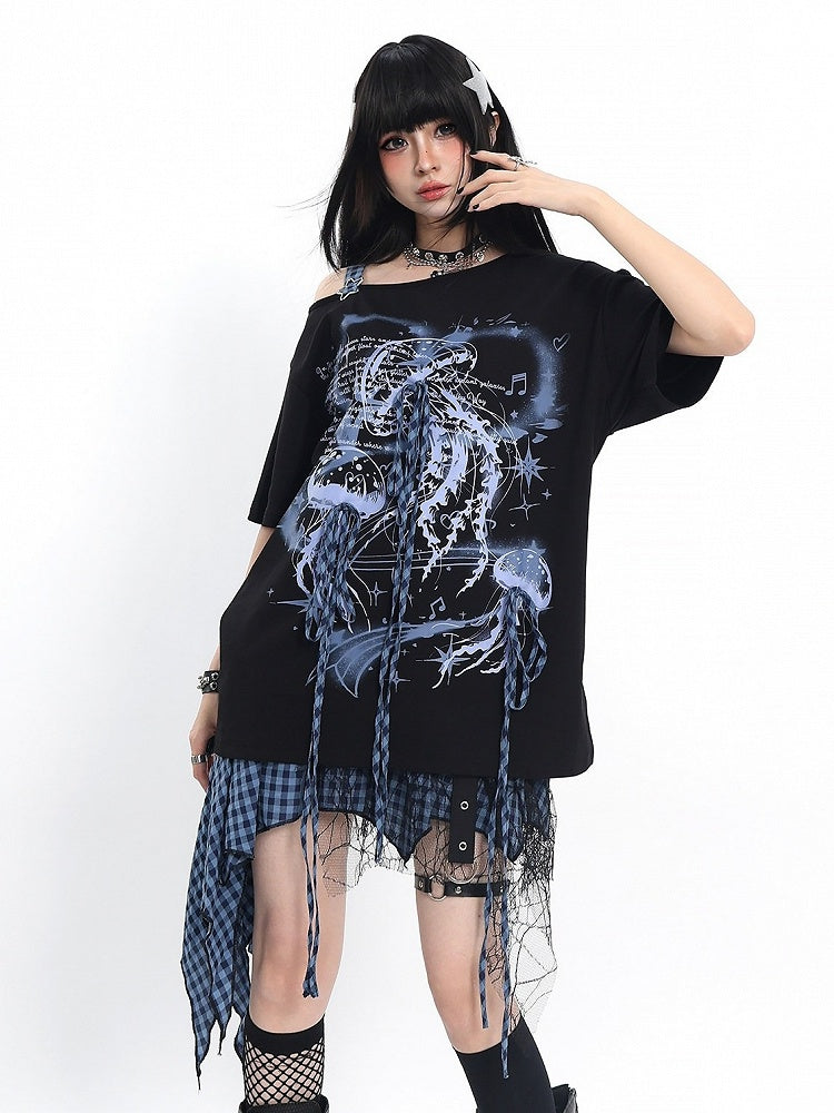Asymmetrical Tee with Jellyfish Print and Bows - Catwish