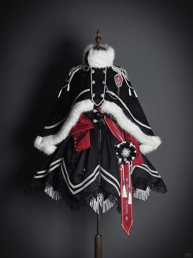 Double White Breasted with Tassel Faux Cape Black Fur-Trimmed Lolita Decoration and Military Buckle