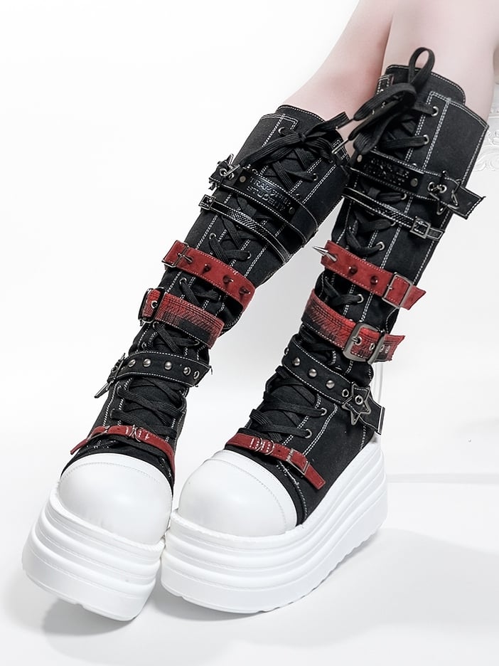 Bottes à plateforme avec système de fermeture, Punk, Hybride en toile rouge et noire