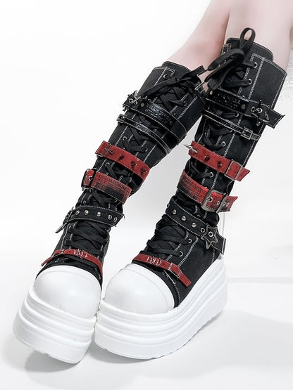 Bottes à plateforme avec système de fermeture, Punk, Hybride en toile rouge et noire
