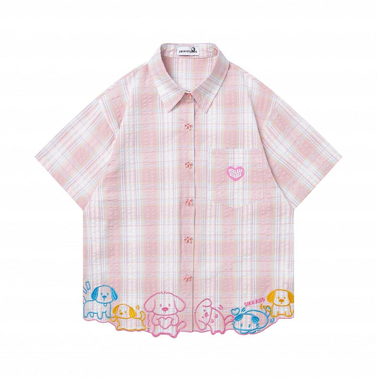 Rose Kawaii Tartan Tee with Pup Motif and Ribbon Buttons - Languid Park