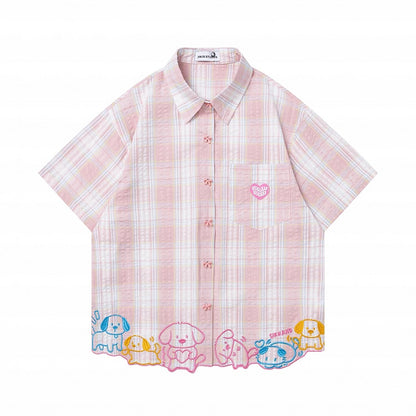Rose Kawaii Tartan Tee with Pup Motif and Ribbon Buttons - Languid Park