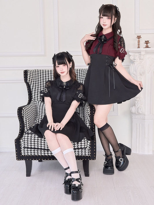 Jirai Kei Faux Lace-up High Waist Red Dress Black/Black in Two-pieces