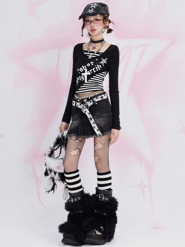 Zweiteiliges, gestreiftes Oberteil mit langen Ärmeln und schwarzem Buchstabendruck