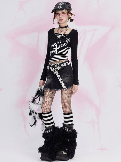 Zweiteiliges, gestreiftes Oberteil mit langen Ärmeln und schwarzem Buchstabendruck