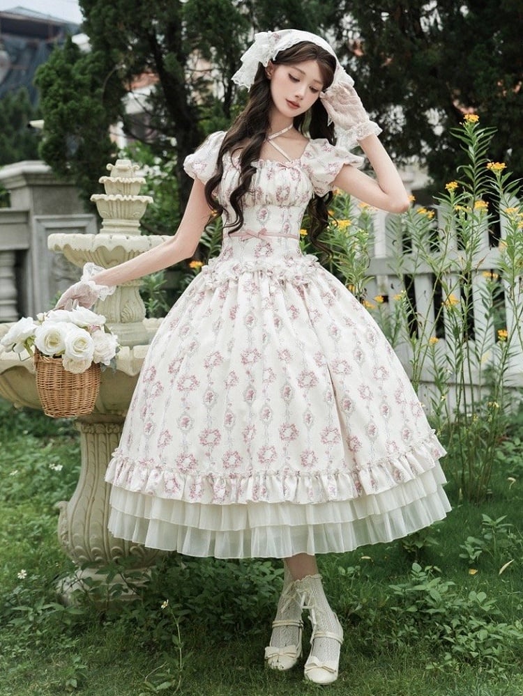 Elastisches langes klassisches Lolita-Kleid mit quadratischem Ausschnitt und Blumenmuster