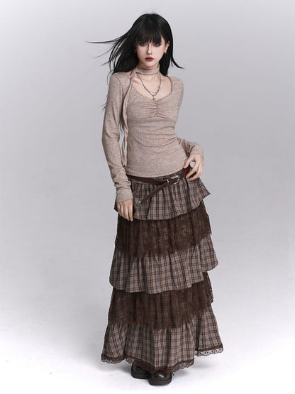Seitliche Spitzenrockschichten mit Reißverschluss, gestuftes Maxi-Kaffee-Plaid