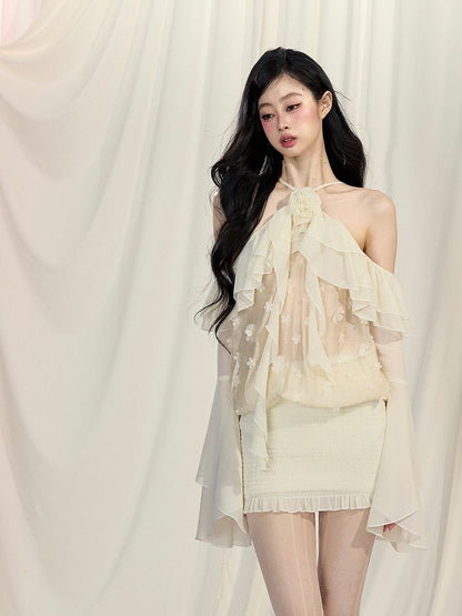 Kaskadierende Rüschenakzente Mesh-Oberteile Ärmel Apricot Neckholder Glocke