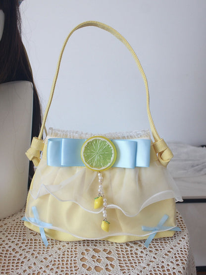 Detail mit blau verziert + Schulter gelb Spitze Zitrone Tasche Hand Bowknot Perlen Riemen