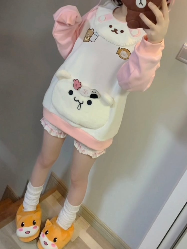 Sweatshirt: Bib Pink White Bear Embroidery