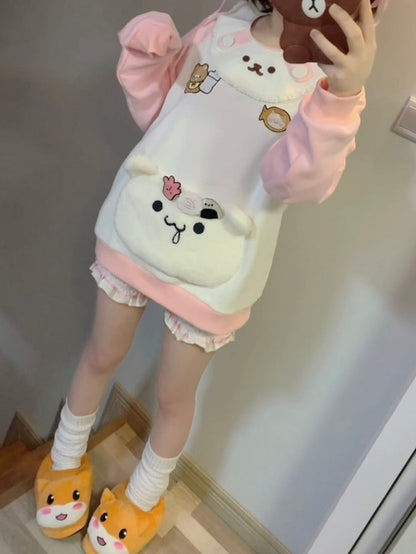 Sweatshirt: Bib Pink White Bear Embroidery