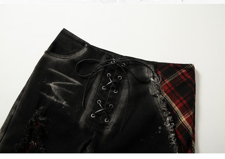 ブラック スプリットカフス ダメージ加工 フレアジーンズ レースアップ