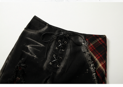 ブラック スプリットカフス ダメージ加工 フレアジーンズ レースアップ